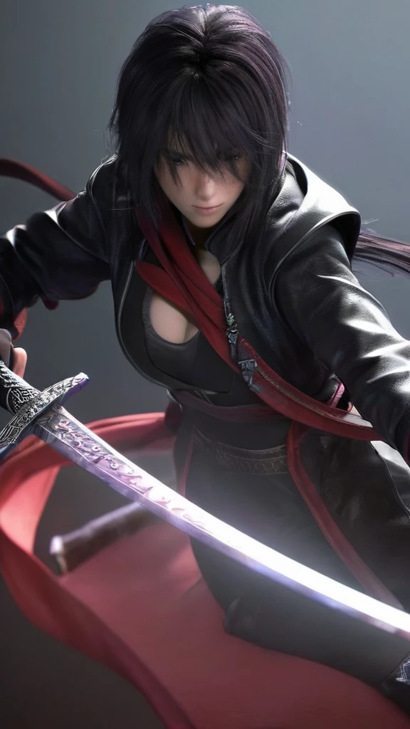 a woman holding a sword in a dark room, 2. 5 d cgi anime fantasy artwork, holding a black katana, stuning fantasy 3 d render, holding katana, unreal engine character art, unsheathing her katana, she is holding a katana sword, yasuke 5 0 0 px models, dramatic wielding katana pose, holding a katana, background color smoked, Red leather jacket.