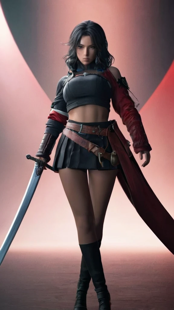 a woman holding a sword in a dark room, 2. 5 d cgi anime fantasy artwork, holding a black katana, stuning fantasy 3 d render, holding katana, unreal engine character art, unsheathing her katana, she is holding a katana sword, yasuke 5 0 0 px models, dramatic wielding katana pose, holding a katana, background color smoked, Red leather jacket.