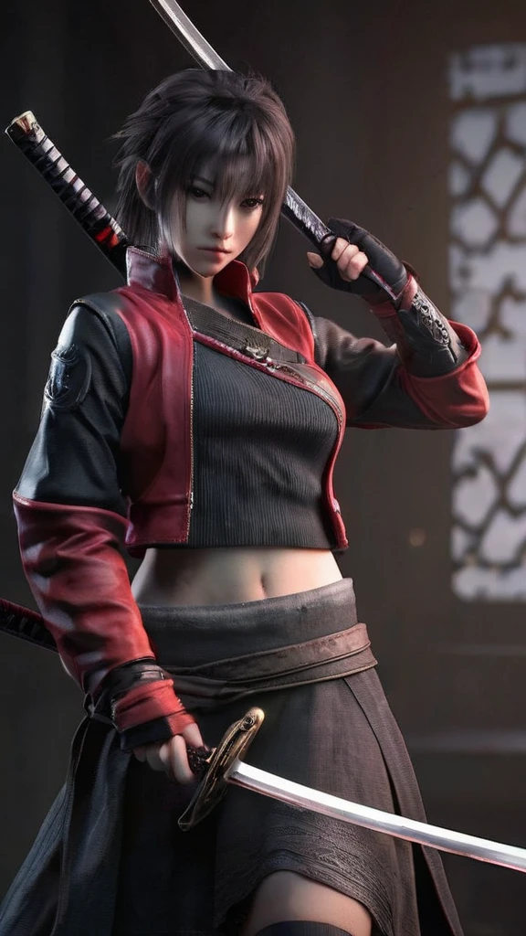 a woman holding a sword in a dark room, 2. 5 d cgi anime fantasy artwork, holding a black katana, stuning fantasy 3 d render, holding katana, unreal engine character art, unsheathing her katana, she is holding a katana sword, yasuke 5 0 0 px models, dramatic wielding katana pose, holding a katana, background color smoked, Red leather jacket.