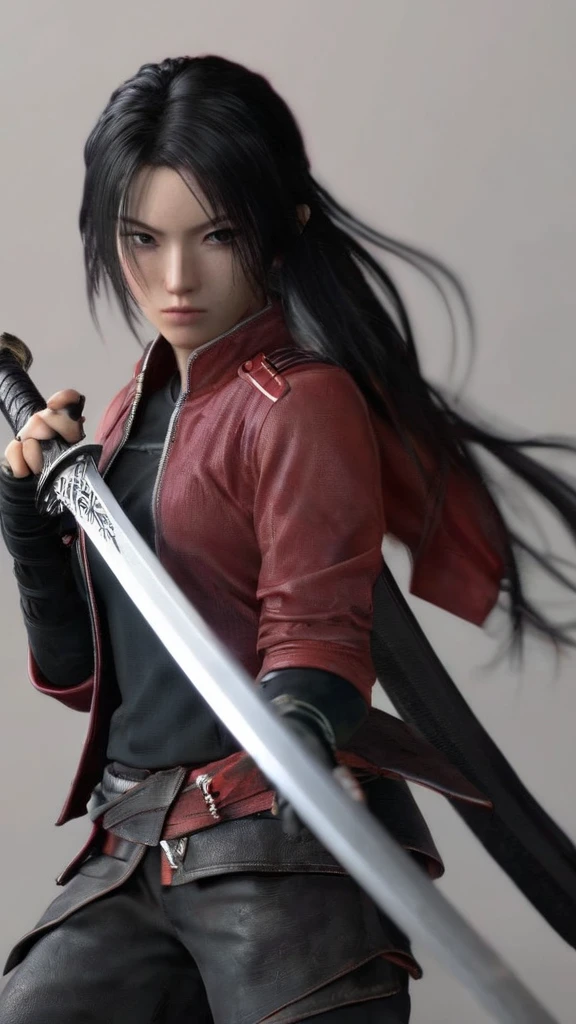 a woman holding a sword in a dark room, 2. 5 d cgi anime fantasy artwork, holding a black katana, stuning fantasy 3 d render, holding katana, unreal engine character art, unsheathing her katana, she is holding a katana sword, yasuke 5 0 0 px models, dramatic wielding katana pose, holding a katana, background color smoked, Red leather jacket.