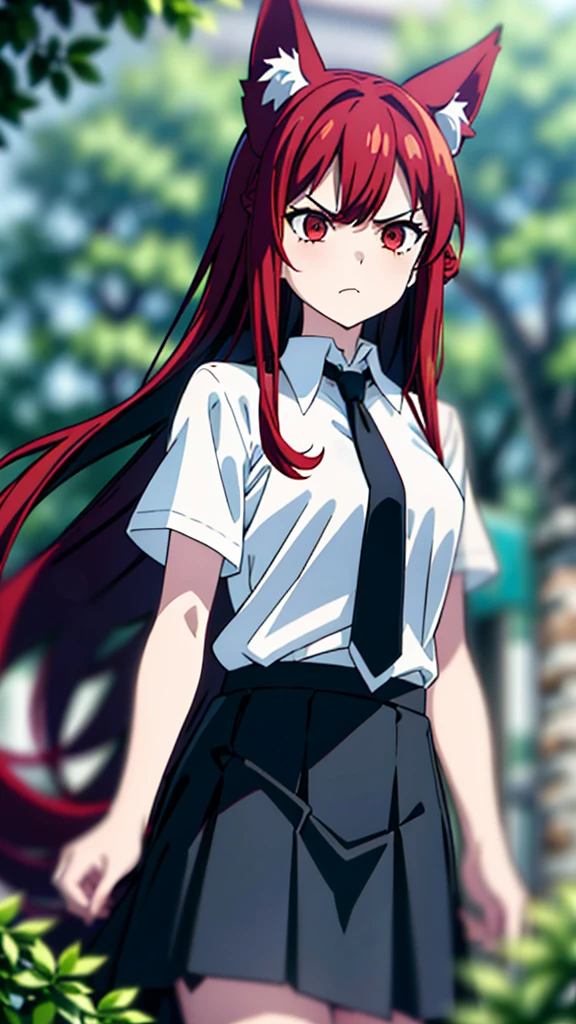 1girl ,20s,angry face,white shirt,short sleeves,(black standard tie),white school skirt,(red hair),long hair,fox ears,cowboy shot,forest