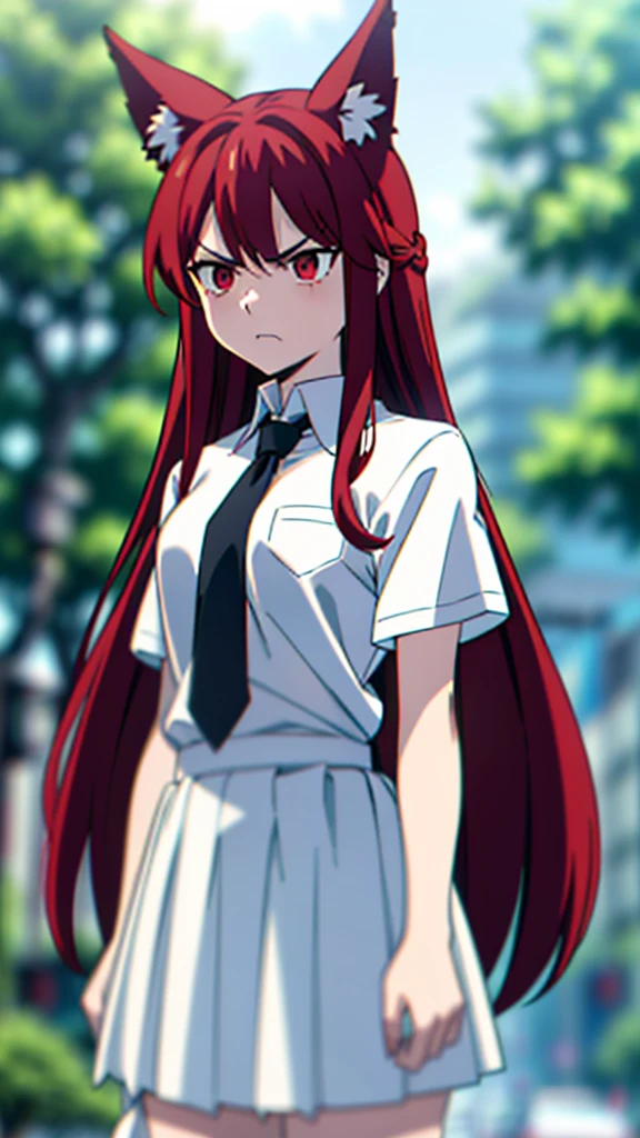 1girl ,20s,angry face,white shirt,short sleeves,(black standard tie),white school skirt,(red hair),long hair,fox ears,cowboy shot,forest