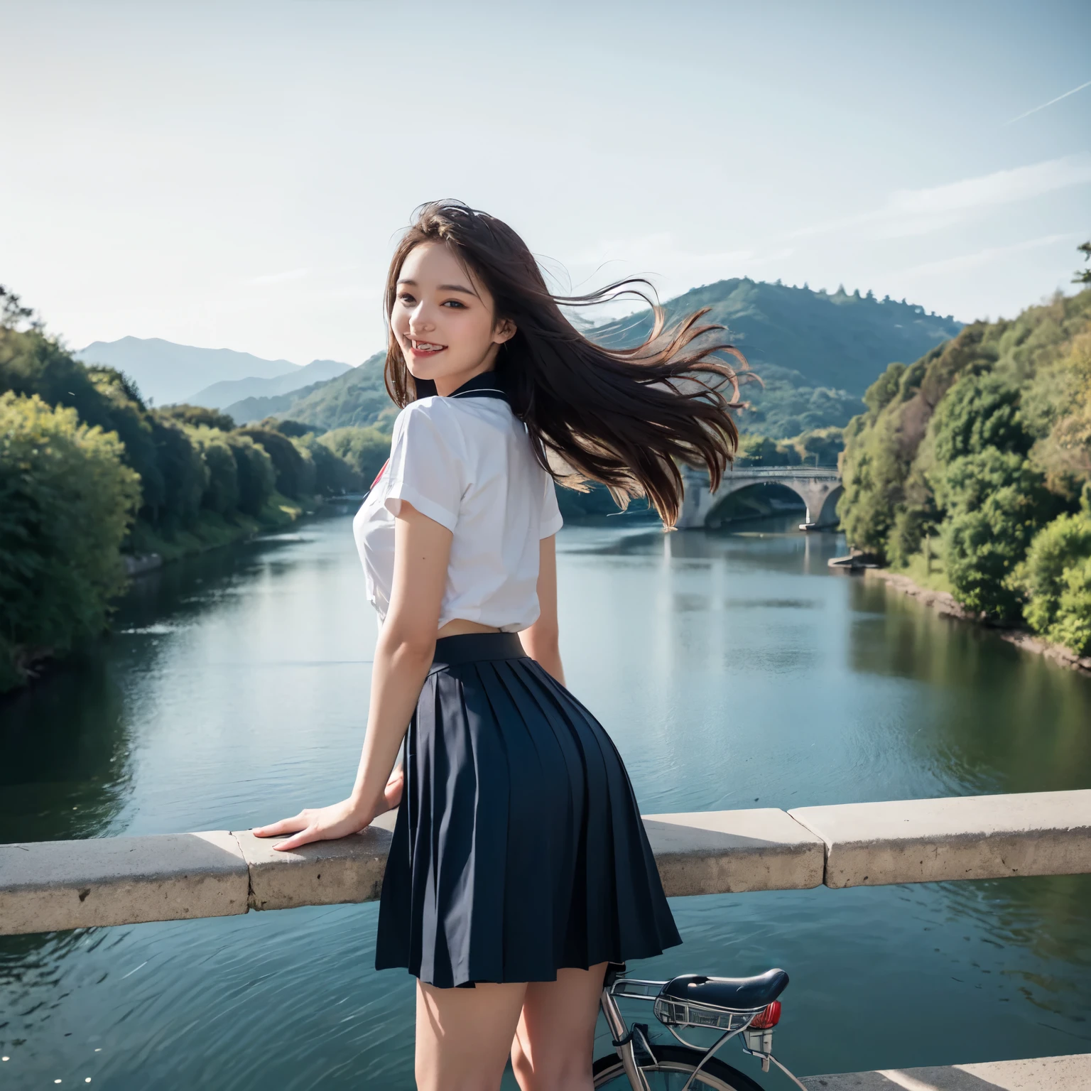 very cute and beautiful girl,,(Very beautiful face and eyes), (smile:1.25),Black Hair,(Sailor ,Pleated navy blue long skirt),Dynamic pose,Show Viewer, European house with red roof々,(Overview of the town),A narrow river and a stone bridge in the distance,Detailed landscape, (Highest quality,masterpiece),Absurd,High resolution,Very detailedな,Very detailed,32k,8K resolution, Intricate details,Movie Scenes,Detailed Background,alone,Dynamic Angle, Hair blowing in the wind,Beautifully detailed skies,Back view、A clear ass crack,Riding a bicycle