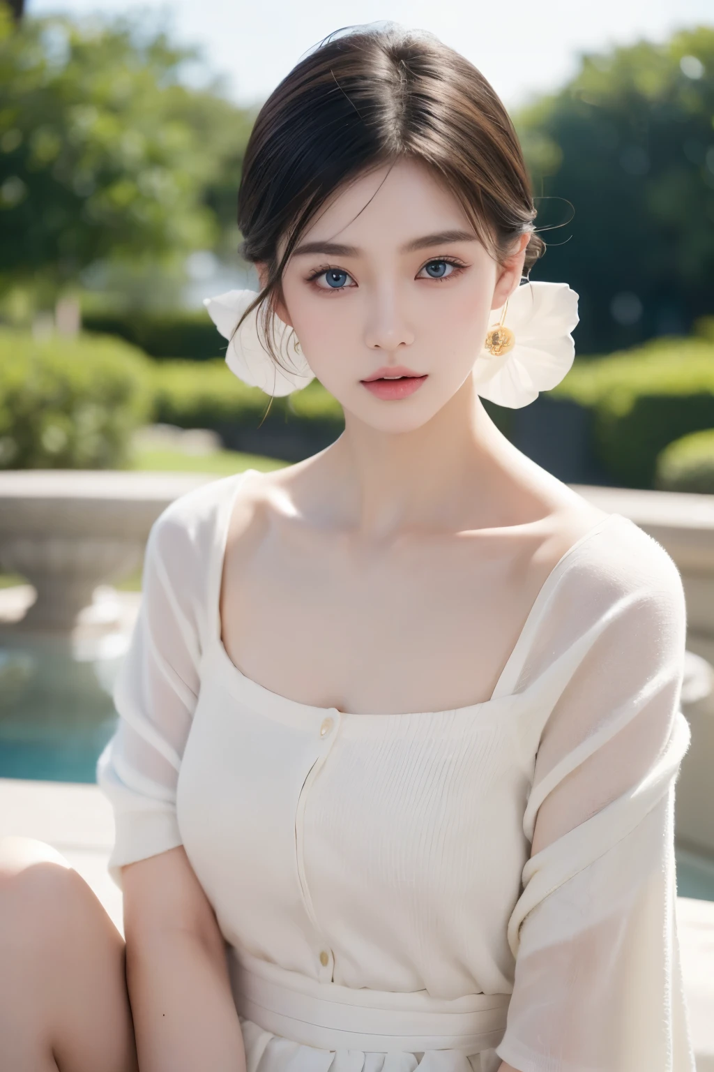 ((Best Quality)), ((Masterpiece)), (detailed), 1 girl, magazine model clothes, VOGUE magazine background, 21 year old asian japanese, double eyelid, short hair below the ears, rubio, blue eyes, hair clips, pale skin