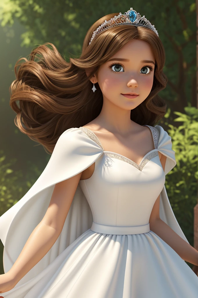 Create an image of a princess in a white dress, tiara, a short cape, brown hair with pixar style animation