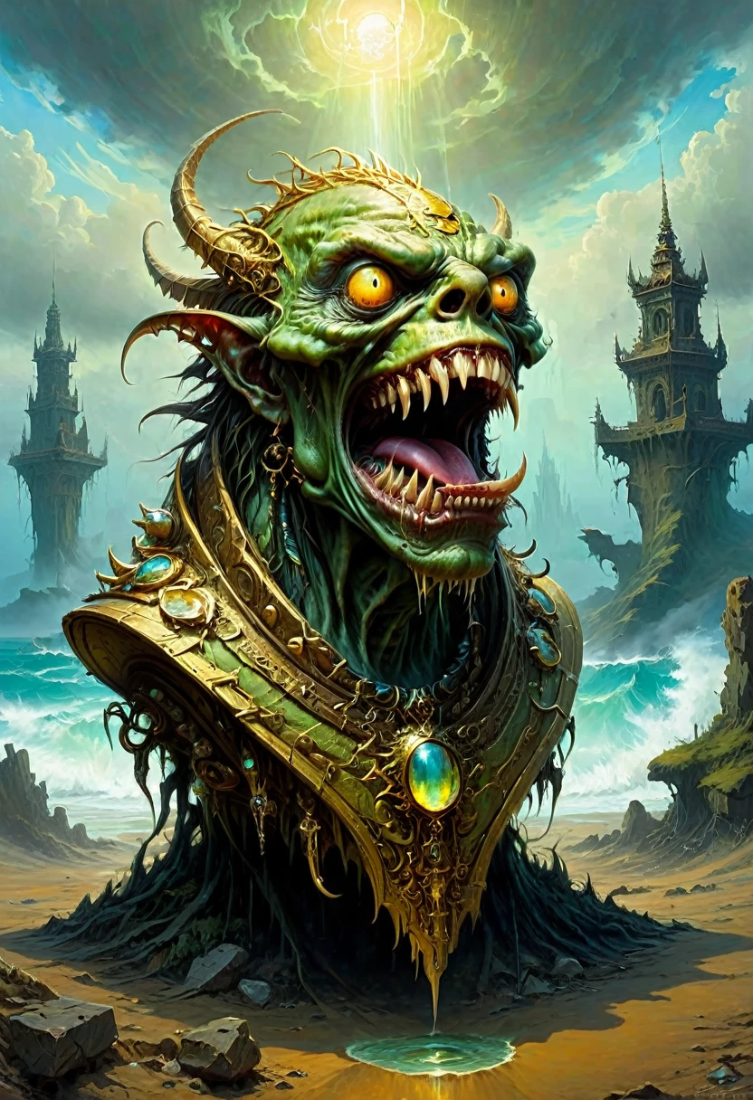 Mimic Treasure Box Monster，Weird tongue and nasty teeth. Scattered jewelry, by Zdzisław Beksiński, best quality, masterpiece, very aesthetic, perfect composition, intricate details, ultra-detailed