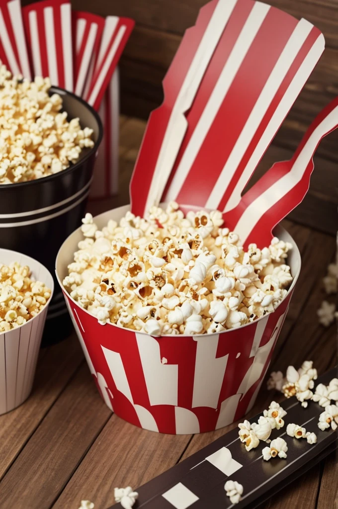 In a picture there is popcorn in a striped pot,a movie clapper board,film tape roll