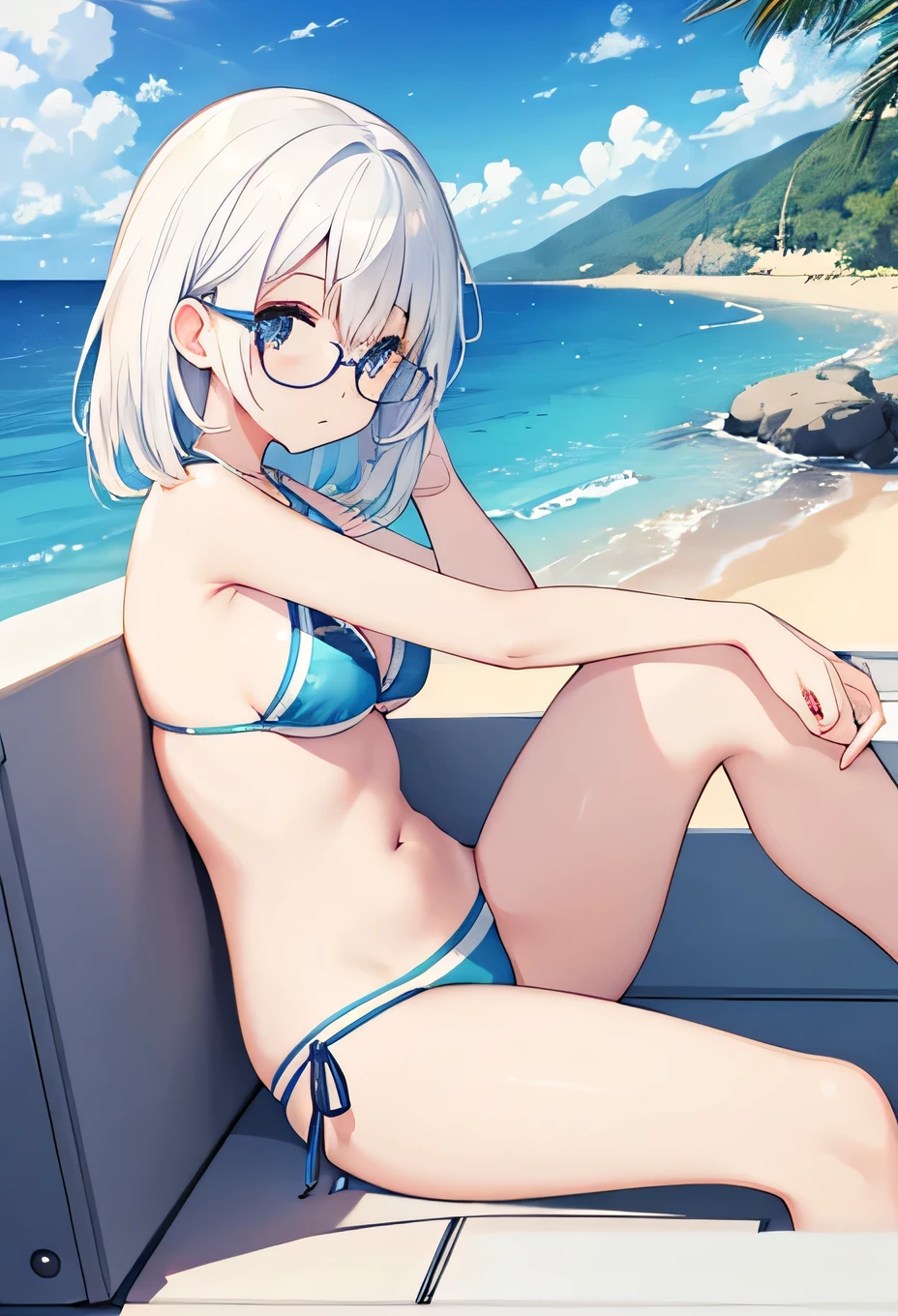 Ocean、Glasses、cute、cool、white hair、、Sitting on the desk、frontを向いてる、Crossing your legs、Low - Angle、front、bikini