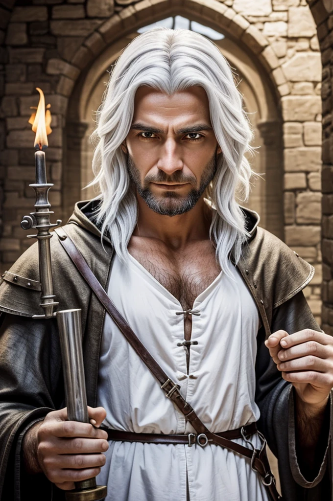A male medieval White hair alchemist with a sorprise expresión in his face