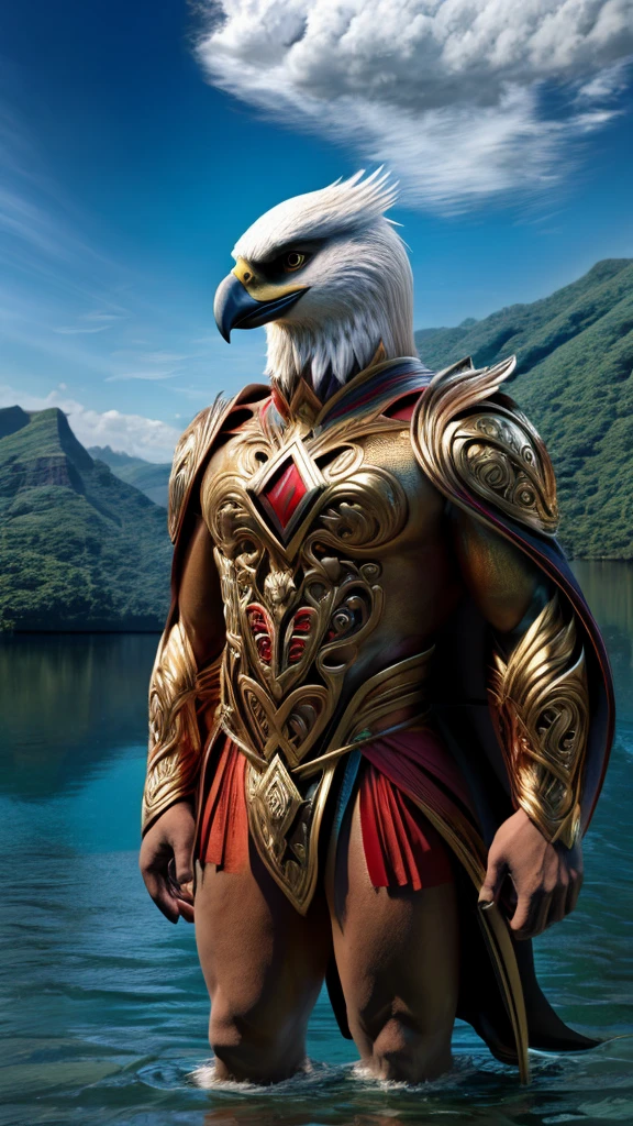 Photorealistic images of Indonesian Batak superheroes, their sleek, Renaissance-inspired costumes decorated with intricate traditional Batak patterns, rise majestically against the backdrop of Lake Toba.   The superhero's sharp eagle eyes survey the bustling Lake Toba, their powerful wings shadowing the iconic building