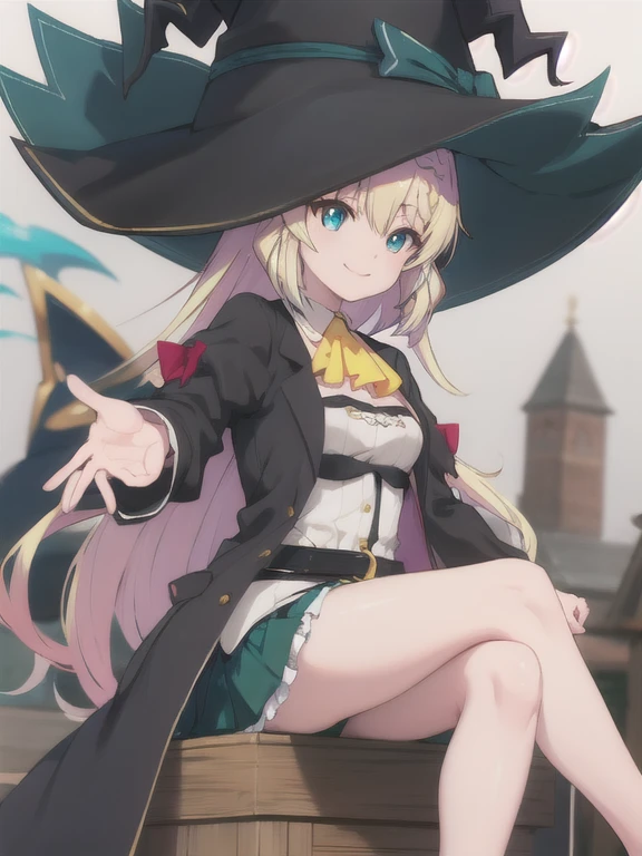 Masterpiece, Best Quality, ultra detailed, shiny shiny, bright light, ray tracing, HDR, depth of field, (Perfect face, detailed face), aizawaazusa, very long hair, braid, small breasts, SMILE, White shirt, yellow ascot, strapless, green skirt, belt, black coat, Witch hat, bare legs, crossed legs, session