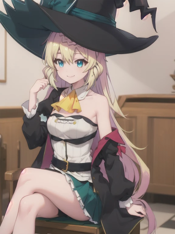 Masterpiece, Best Quality, ultra detailed, shiny shiny, bright light, ray tracing, HDR, depth of field, (Perfect face, detailed face), aizawaazusa, very long hair, braid, small breasts, SMILE, White shirt, yellow ascot, strapless, green skirt, belt, black coat, Witch hat, bare legs, crossed legs, session