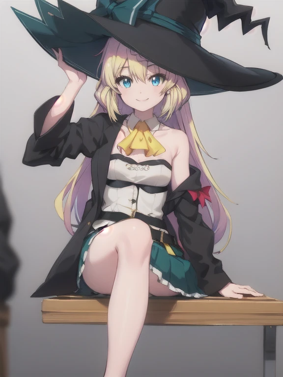 Masterpiece, Best Quality, ultra detailed, shiny shiny, bright light, ray tracing, HDR, depth of field, (Perfect face, detailed face), aizawaazusa, very long hair, braid, small breasts, SMILE, White shirt, yellow ascot, strapless, green skirt, belt, black coat, Witch hat, bare legs, crossed legs, session