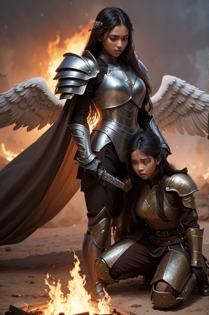 Background of soldiers in a war while in the center of the photo, a princess with brown skin and a voluminous dress is kneeling in tears. A man bigger and taller than her, protected her right behind her, he had angel wings and wore iron armor while holding a sword that caught fire. 