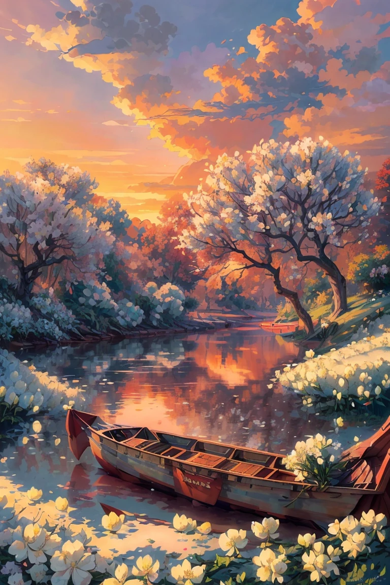 Illustration by Hergé, long view, ( a boat under a tree with giant white flowers:1.7), reflective water surface, gentle and small ripples, (flower petals falling on the water), brilliant sunset, (red sky:1.5), (rolling clouds:1.4)), makoto shinkai cyril rolando, beautiful peace scene anime, 8k anime art wallpaper, Ghibli style, perfect layout, beautiful colors, fine drawing details beautiful, intricate details, anime