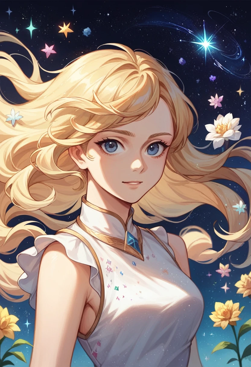 (best quality, masterpiece), 1girl, galaxy, glitter, dress, particle, wind, flower, upper body, dark simple background, looking at viewer, blonde,