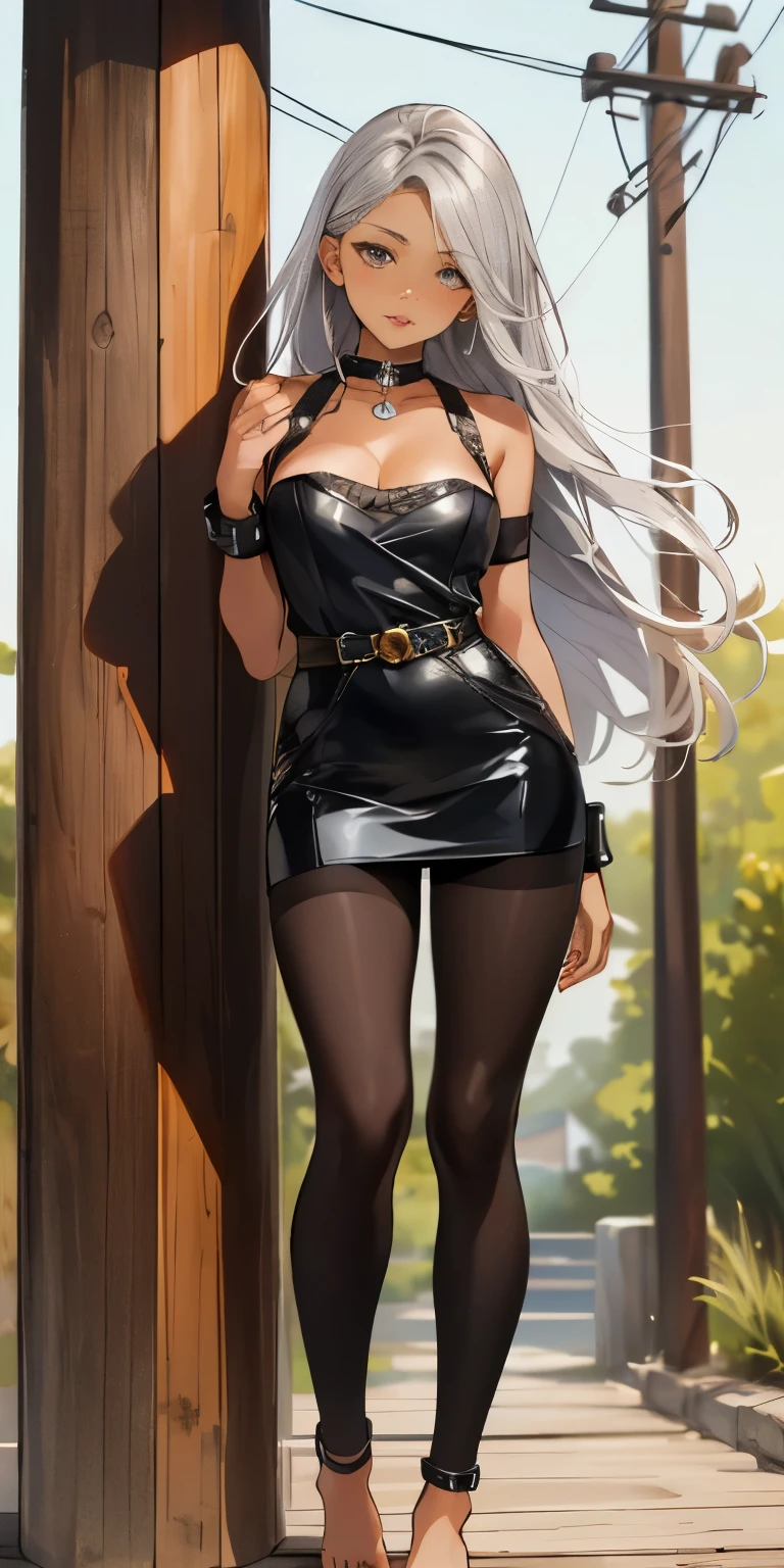 (Masterpiece, best quality, intricate details, 1sologirl) iron collar, arms behind back, iron cuffs, shackles, leather collar choker neck bell, bound ((standing by wooden pole:1.2)) ((female Black Dark skin Gyaru)) show entire body frontal position, feet in view, realistic, gorgeous 16y.o. darkest skinned mixed race female, black African, transparent black pantyhose, legs open, museum,barefoot no shoes, looking to viewer straight symmetrical, white silver long hair