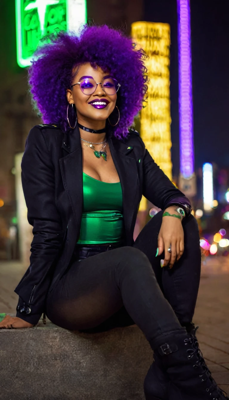 beautyful strong african woman, huge full afro purple hair, black jacket, green bra, black boots, hoop earring, green aviator glasses, purple chocker, dragon tattoo, night, purple lights, smile, full lips, sit, crossed legs, city, closeup