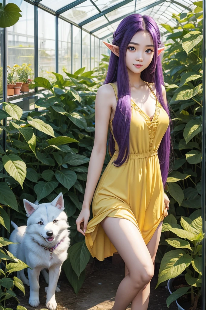 Long Purple hair, Vietnamese, beautiful 23 year old woman, very attractive, brown eyes, elf ears, very cute, thin athletic body, in greenhouse, wearing yellow sundress, with a blue eyed white wolf puppy