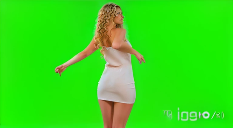 wide shot, (((3/4 left back view))))) of a full body back view view profile portrait photo of a 25 y.o. beautiful european woman wearing (((white short summer dress ))),(((Long ((blonde curly hair)))),fit slim body, ((pale skin)), detailed long hair blown in the wind,(((she stands slightly splayed, outstreched arms down in 3/4 back view))), full body photo, ((((standing in open "A" positure,))) (((back view))))), wearing white short summer dress, skinny fit body, nice legs, studio photo,studio lighting, GREEN BACKGROUND,Full body portrait, lifelike texture, dynamic composition, high contrast, real human skin, (skin pores: 0.8), real human hands, detailed hair, studio photo, fashion photo, !!!!not nude!!!, not nsfw, neutral colors, natural lights, realistic textures, photorealistic, hyperrealistic, confident expression, determined, dramatic, ultra-high res, 8k uhd, dslr, analog, RAW, high quality, film grain, photogrphed on Nikon, Fujifilm XT3, 85mm F1.2, 1/80 shutter speed,
