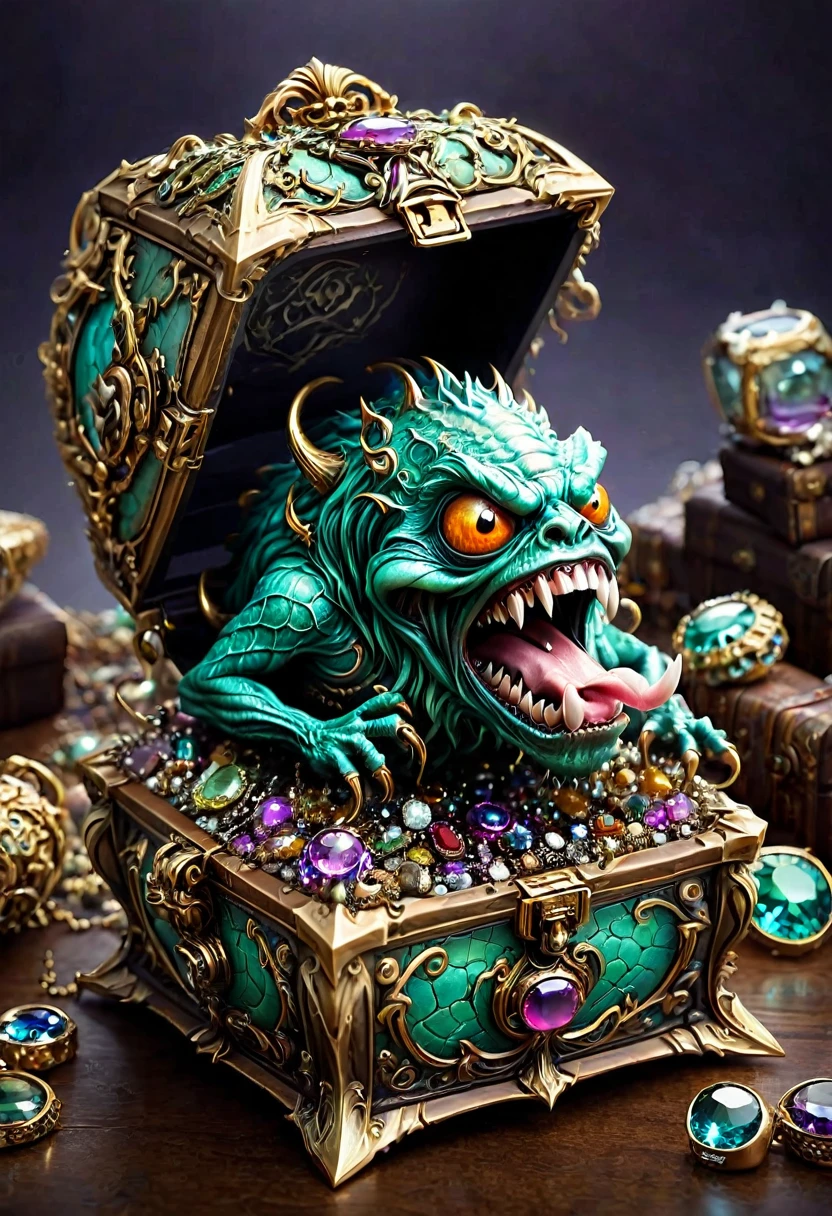 Mimic Treasure Box Monster,Weird tongue and nasty teeth. Scattered jewelry, by joel robison, best quality, masterpiece, very aesthetic, perfect composition, intricate details, ultra-detailed