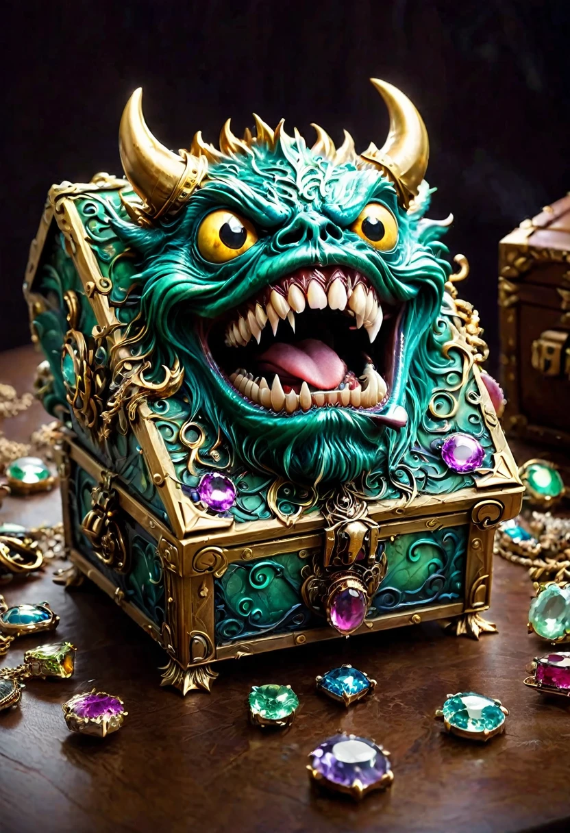 Mimic Treasure Box Monster,Weird tongue and nasty teeth. Scattered jewelry, by joel robison, best quality, masterpiece, very aesthetic, perfect composition, intricate details, ultra-detailed
