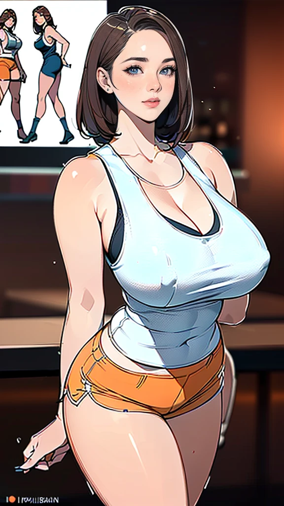 masterpiece,highest quality,Very detailed,High resolution,8K,wallpaper,Perfect lighting,BREAK(One Woman),(Mature woman working as a waiter at a sports bar:1.5),(48 years old),(hooters),(((A very form fitting white tank top:1.5))),((The tank top has the logo of a sports bar on it.:1.5)),(((tiny orange shorts))),(((Very detailed costume drawings:1.5))),(Beautiful Eyes:1.5),(Detailed face drawing:1.5),(Detailed face drawing:1.5),((Very detailed female hand:1.5)),(Shiny skin:1.2),(gigantic Breasts:1.5),(Thick thighs:1.5),(Sensual body:1.5),(Sports bar background:1.5),(((Blur the background:1.5))),(((I'm embarrassed:1.5))), a logo of a bar on her shirt, hard nipples