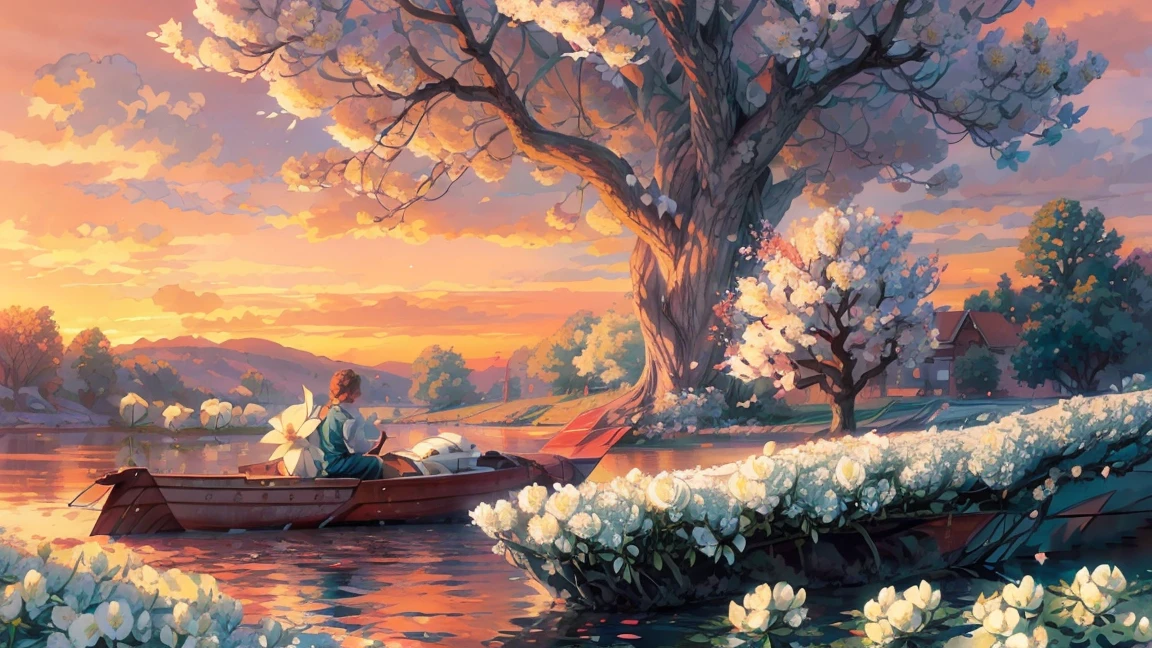Illustration by Hergé, long view, ( a boat under a tree with giant white flowers:1.7), reflective water surface, gentle and small ripples, (flower petals falling on the water), brilliant sunset, (red sky:1.5), (rolling clouds:1.4)), makoto shinkai cyril rolando, beautiful peace scene anime, 8k anime art wallpaper, Ghibli style, perfect layout, beautiful colors, fine drawing details beautiful, intricate details, anime