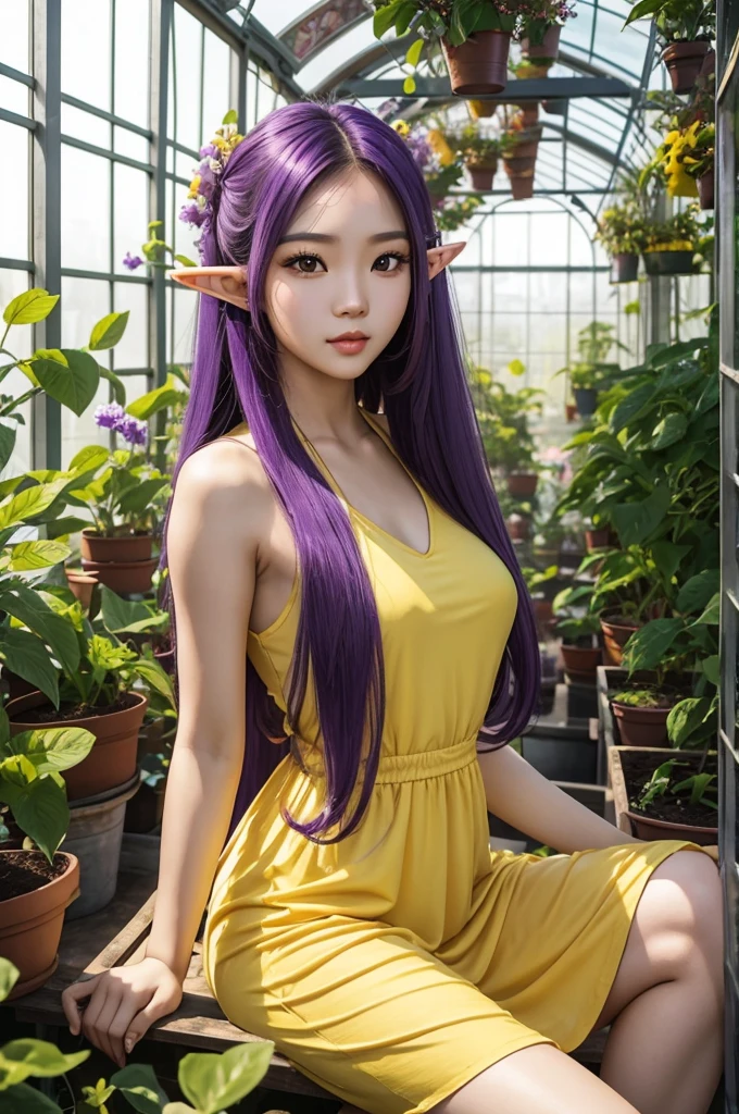 Long Purple hair, Vietnamese, beautiful 23 year old woman, very attractive, brown eyes, elf ears, very cute, thin athletic body, in greenhouse, wearing yellow sundress, with a white rabbit