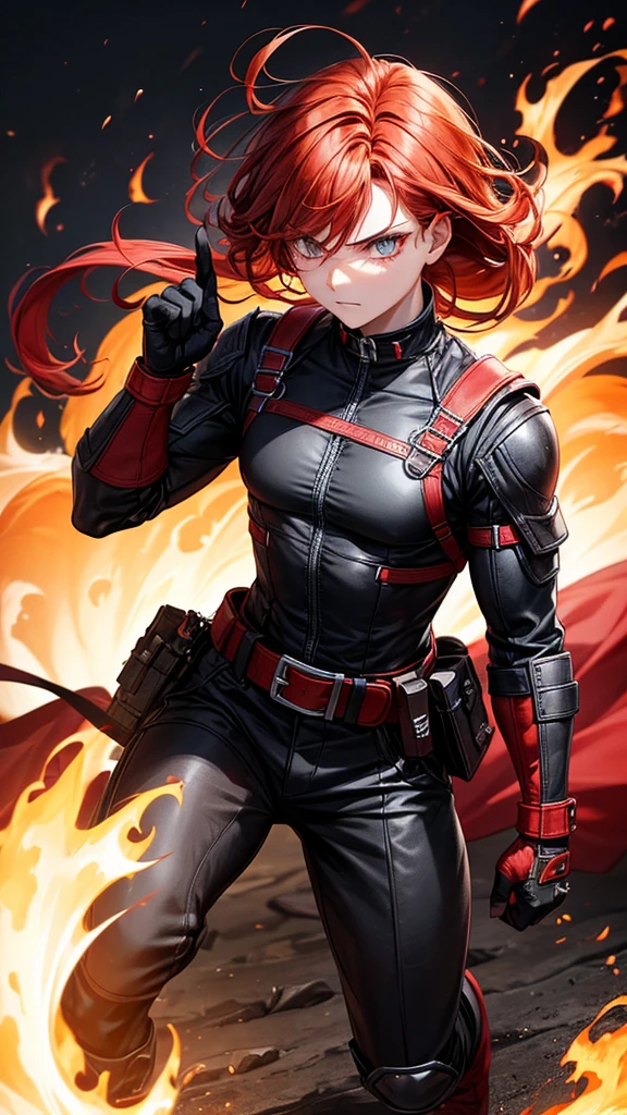 ### Blaze Arashi
**Appearance:**
- **Hair:** Fiery red hair that is wild and untamed, resembling flames. It spikes up naturally, giving him a fierce and dynamic look.
- **Eyes:** Intense amber eyes that seem to burn with an inner fire and determination.
- Lightly tanned with a few scars from past battles, showcasing his resilience.
- Athletic and muscular, emphasizing strength and agility.
* A combat suit with a black and red color scheme, designed for both protection and flexibility. The suit features flame motifs and is made of fire-resistant material.
* A red leather belt with pouches for carrying small weapons and tools, and a pair of fingerless gloves that enhance his grip and control over his fire-based powers.
- **Footwear:** Sturdy black boots with red accents, reinforced for combat and agility.