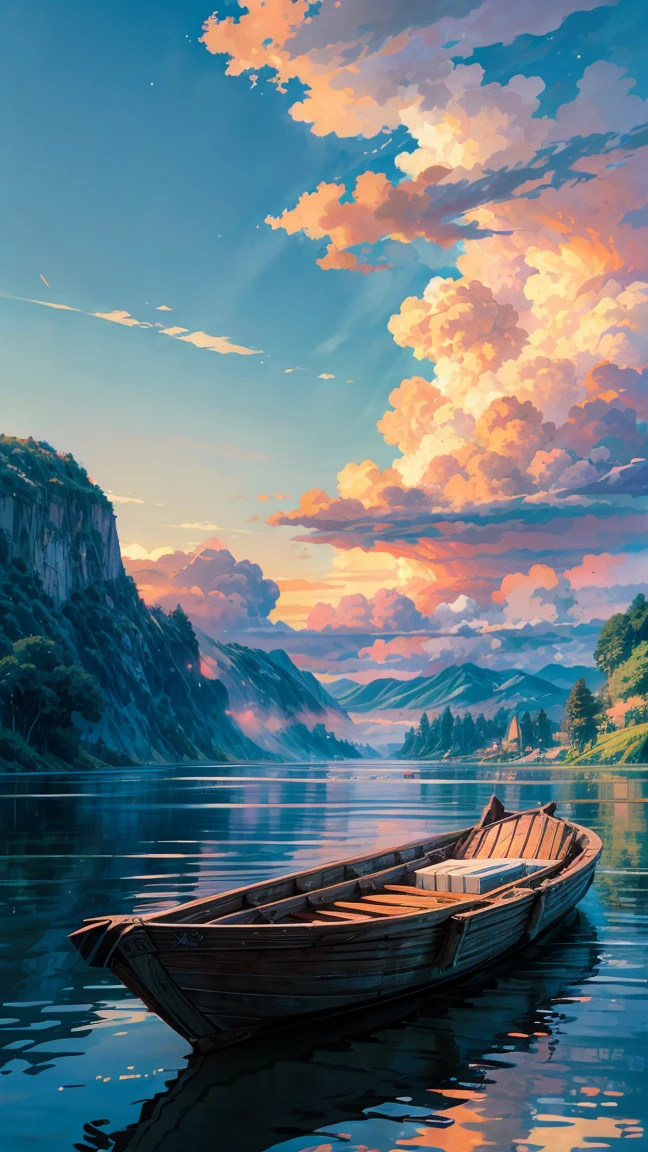 Wide view, in white clouds fairyland，Calm lake，Ultimate simplicity，Face，anime，OC renderer，floating boat, ghibli anime, blue sky and red sky, rain, 8k, super details, (no humans)