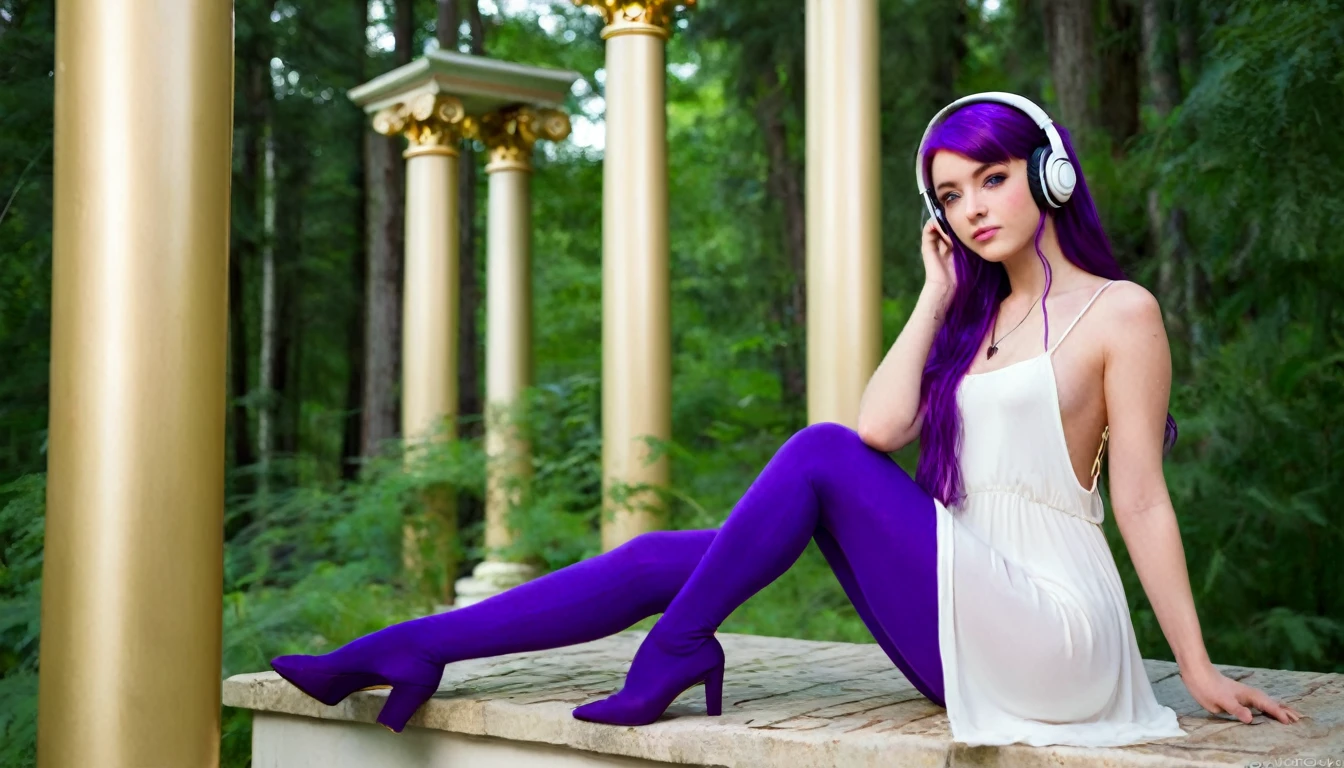 BEAUTIFUL WOMAN, 25 YEARS OLD, GREEN EYES, FULL BODY IMAGE, WITH HEADPHONES, LISTENING TO MUSIC, LONG PURPLE HAIR, NATURE, FOREST, IVORY HOUSE WITH GOLD, IVORY COLUMN WITH GOLD, YOUTUBE SYMBOL