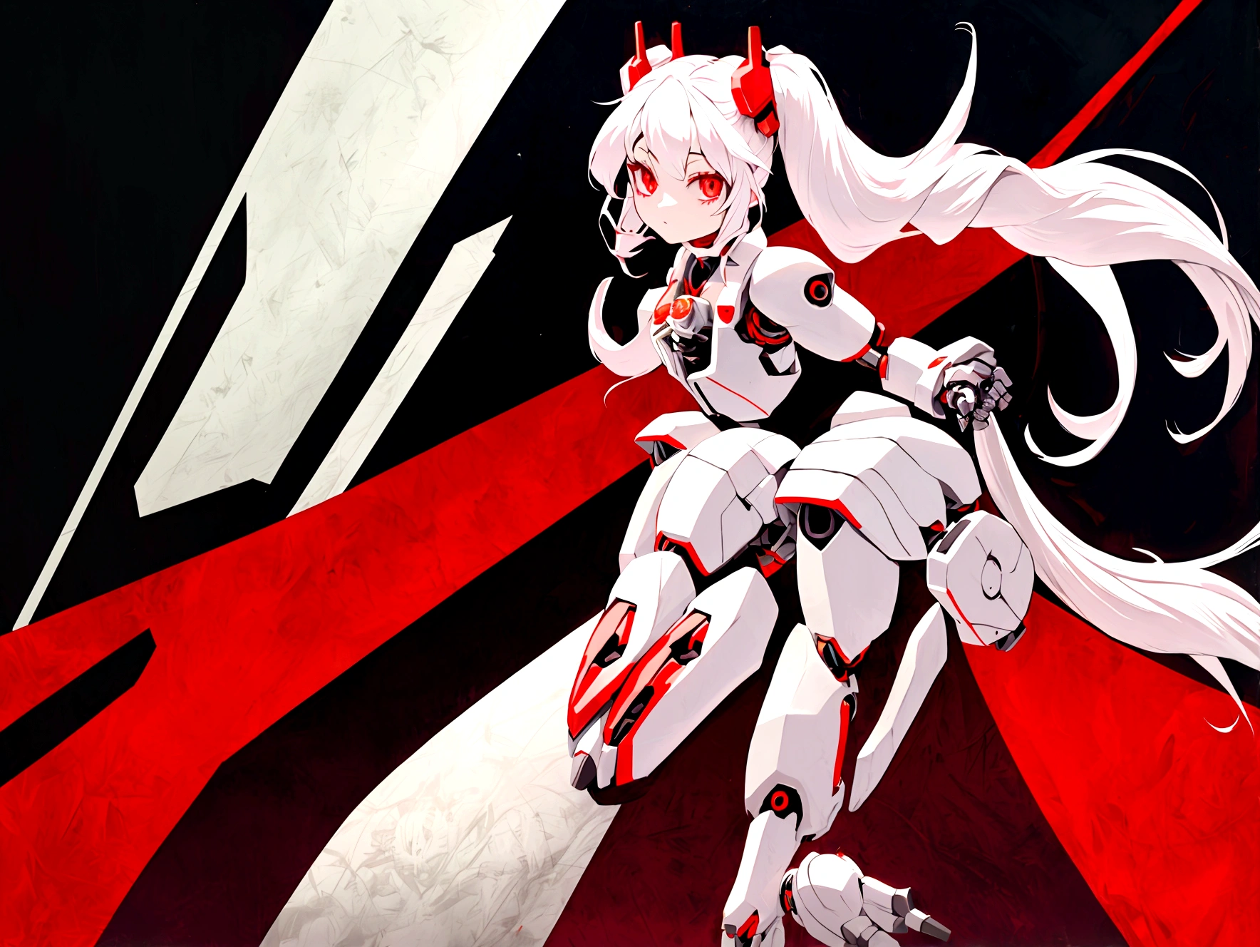 Robotic Magical girl, Long white hair styled in twintails, Red eyes, Mechanical robotic body, wearing a Magical girl outfit, full body in picture, turned towards viewer