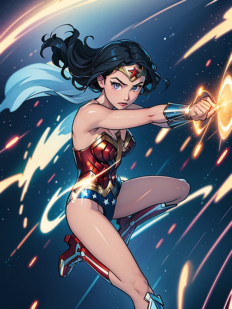 1girl, wonder woman, leotard, bare legs, boots, gloves, space, solo, single, spread arms, standing, (spinning) like a (tornado), light particles, sparkling, super speed, solo, single, speed lines