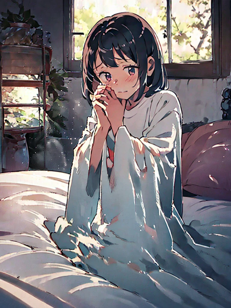 Shy 4 year old girl, embarrassed and teary eyes, View from above, in a room and a luxurious bed, nocturnal and seductive atmosphere, with red lights