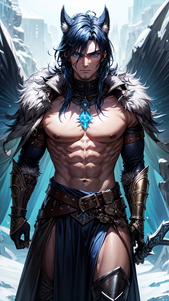 ### Kael Kenzo

**Appearance:* Shoulder-length, dark blue hair that flows freely with a wild, untamed look.
* Intense, ice-blue eyes that seem to glow with a cold fire, showing both wisdom and ferocity.
- Lightly tanned with a rugged texture, showing signs of a life lived in harsh conditions.
-  Broad-shouldered and muscular, with a powerful and imposing presence.

• A combination of armor and furs. He wears a dark blue, metallic breastplate with intricate, icy designs. Over this, he drapes a fur cloak made from the pelt of a mythical beast, which provides warmth and adds to his formidable appearance.
-A wide leather belt with a large, rune-inscribed buckle, a massive double-edged axe strapped to his back, and bracers adorned with runes and animal motifs. Around his neck, he wears a talisman with a crystal shard embedded in it.
- Heavy, fur-lined boots with metal reinforcements, designed for both combat and traversing icy terrains.