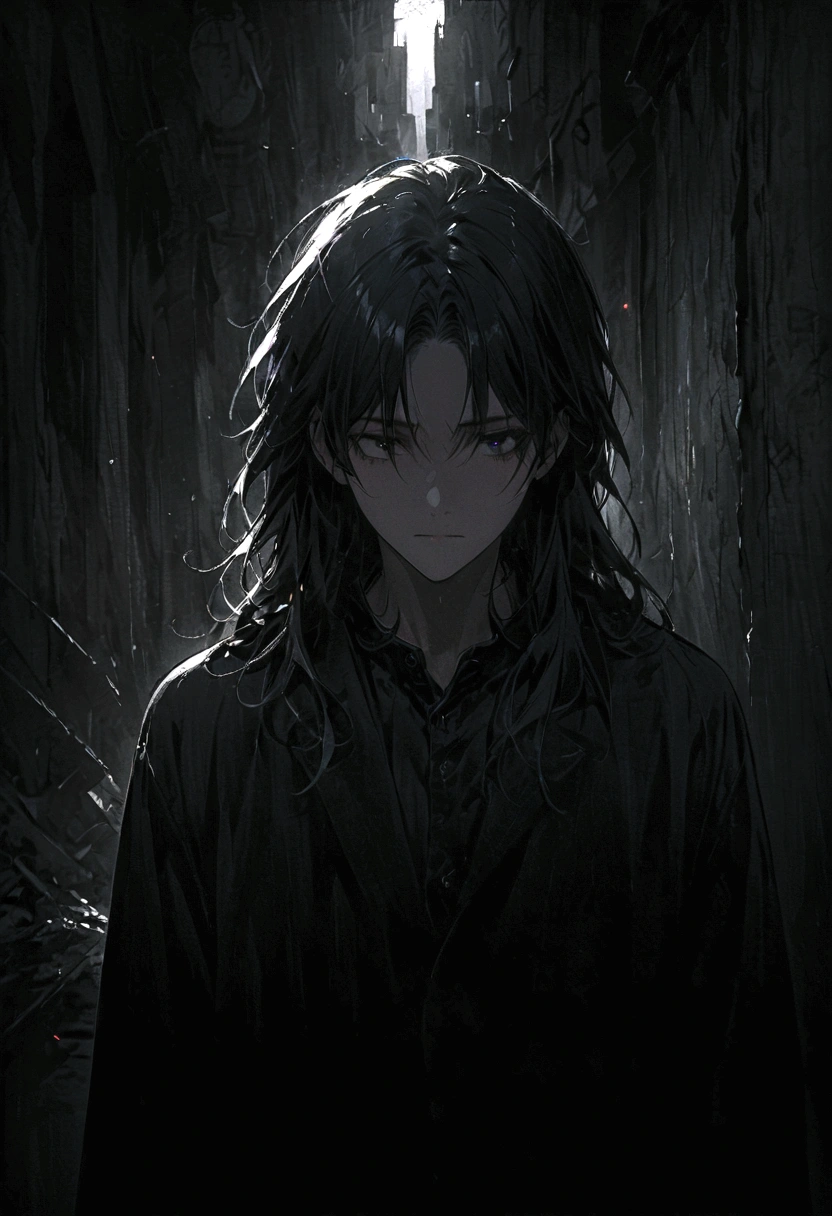 Center-parted bangs、A boy with slightly long hair、Black Hair、Dark Eyes、Illness、Fall into Darkness、Black clothes