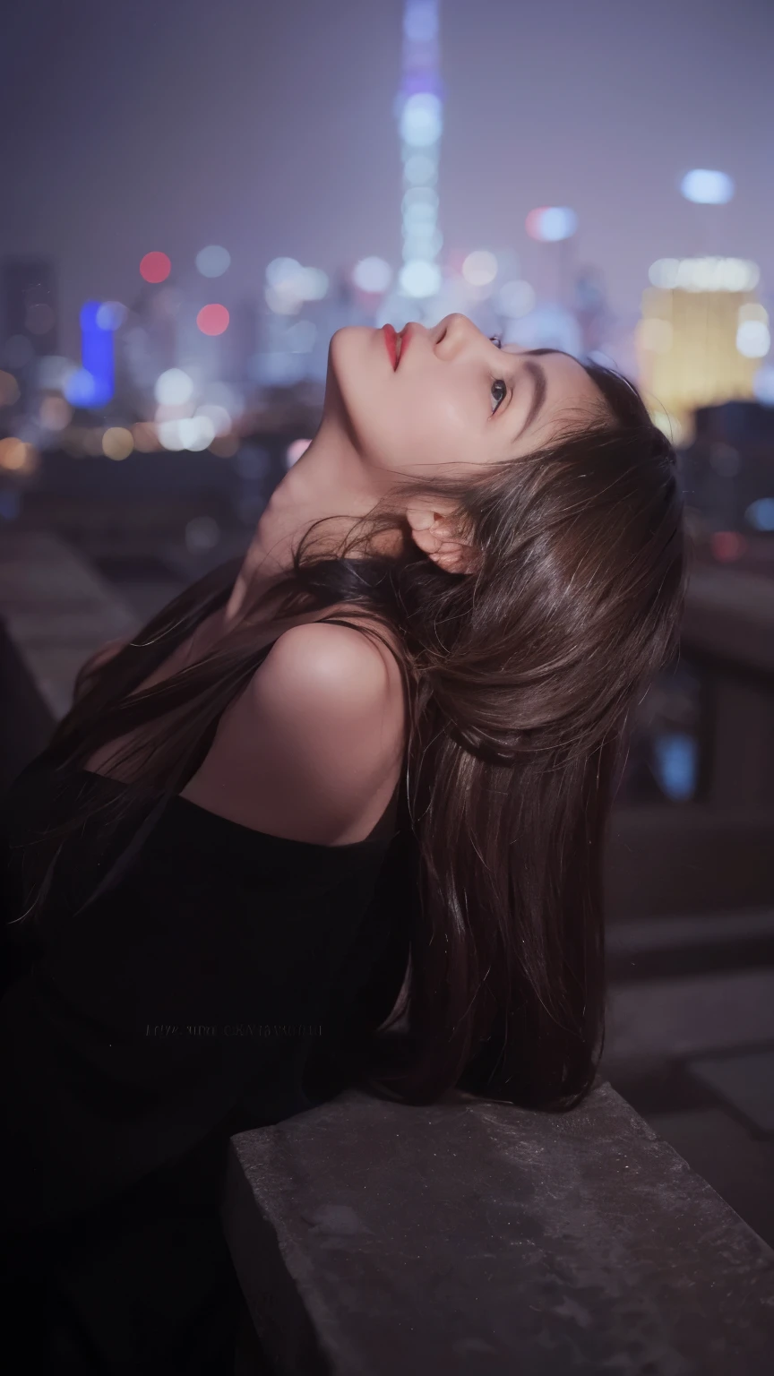 top Quority,Ultra-clear resolution, (black outfit). (Beautifull Indonesian). Body. Slim. Thin. Captivating. ((Long brown hair)), Highly detailed face and skin texture, Detailed eyes, Double eyelid. Make-up face. Red lipstick, close eyes, night city background