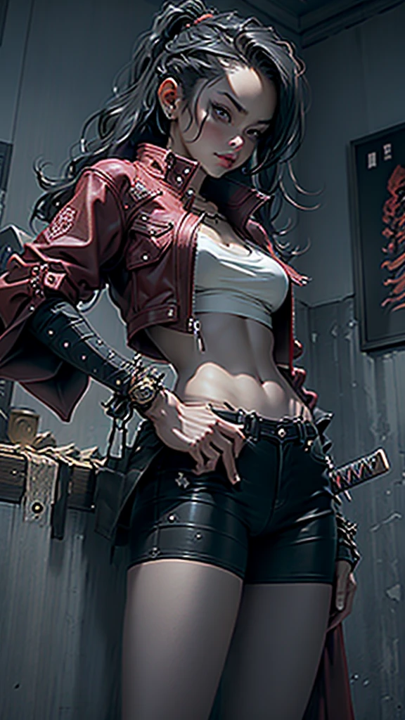 a woman holding a sword in a dark room, 2. 5 d cgi anime fantasy artwork, holding a black katana, stuning fantasy 3 d render, holding katana, unreal engine character art, unsheathing her katana, she is holding a katana sword, yasuke 5 0 0 px models, dramatic wielding katana pose, holding a katana, background color smoked, Red leather jacket.