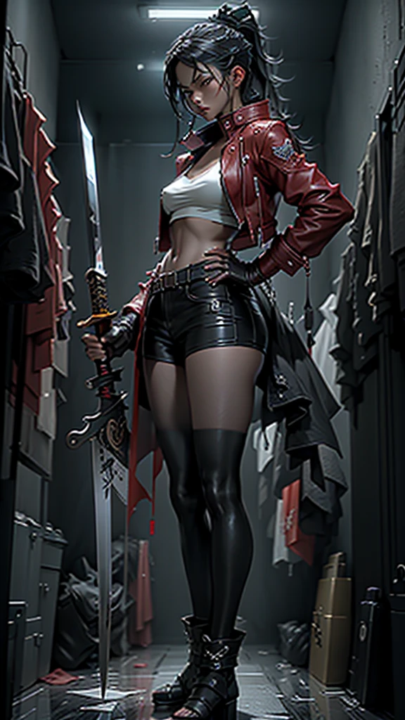 a woman holding a sword in a dark room, 2. 5 d cgi anime fantasy artwork, holding a black katana, stuning fantasy 3 d render, holding katana, unreal engine character art, unsheathing her katana, she is holding a katana sword, yasuke 5 0 0 px models, dramatic wielding katana pose, holding a katana, background color smoked, Red leather jacket.