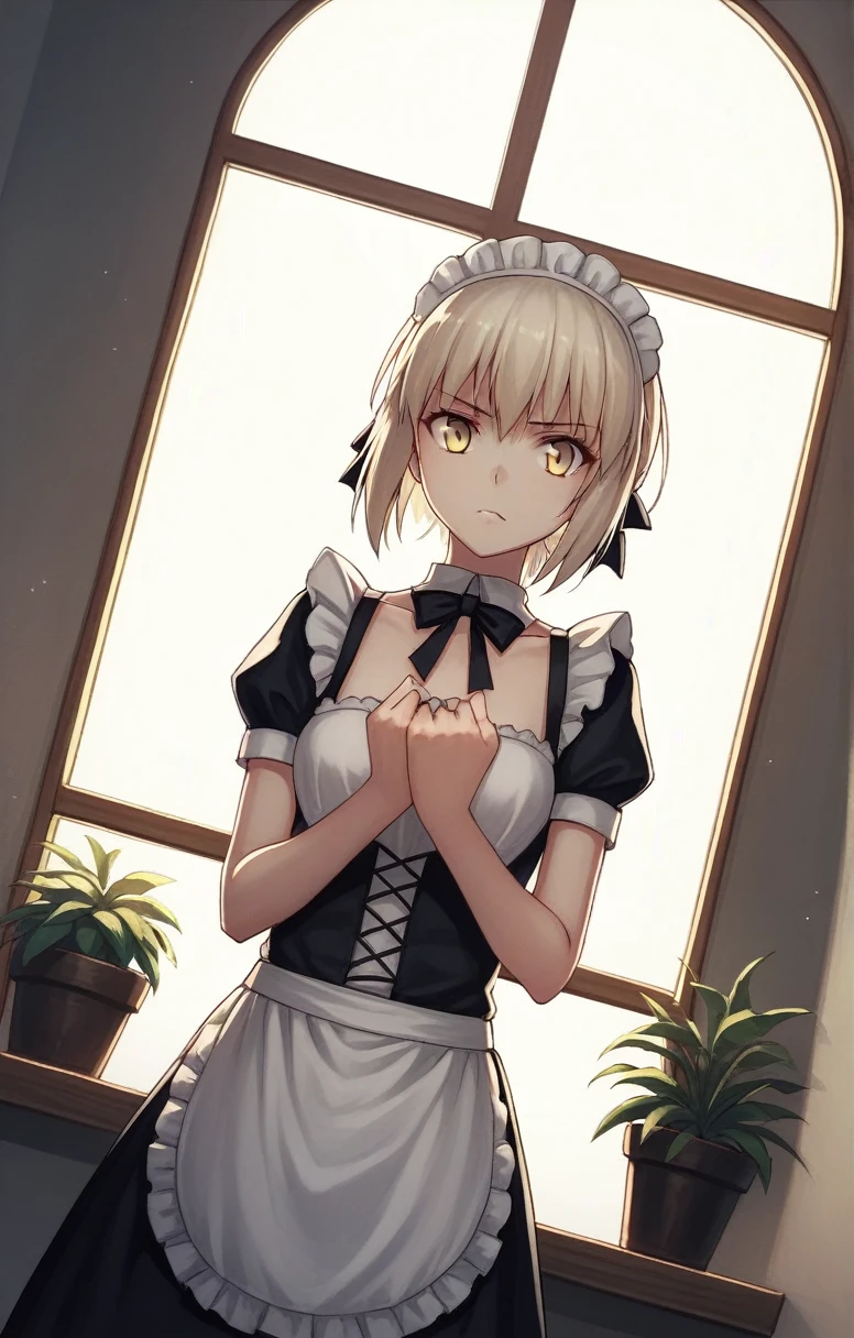 score_9, score_8_superior, score_7_superior, score_6_superior, score_5_superior, score_4_superior, Break Source_anime, One girl, Dressed, Saber Alter, indoor, Potted plants, window, sunlight, by kasumi \(Šczykko\), View your viewers, Severe, Dutch Angle, Maid clothes, Braiding, Two middle fingers,