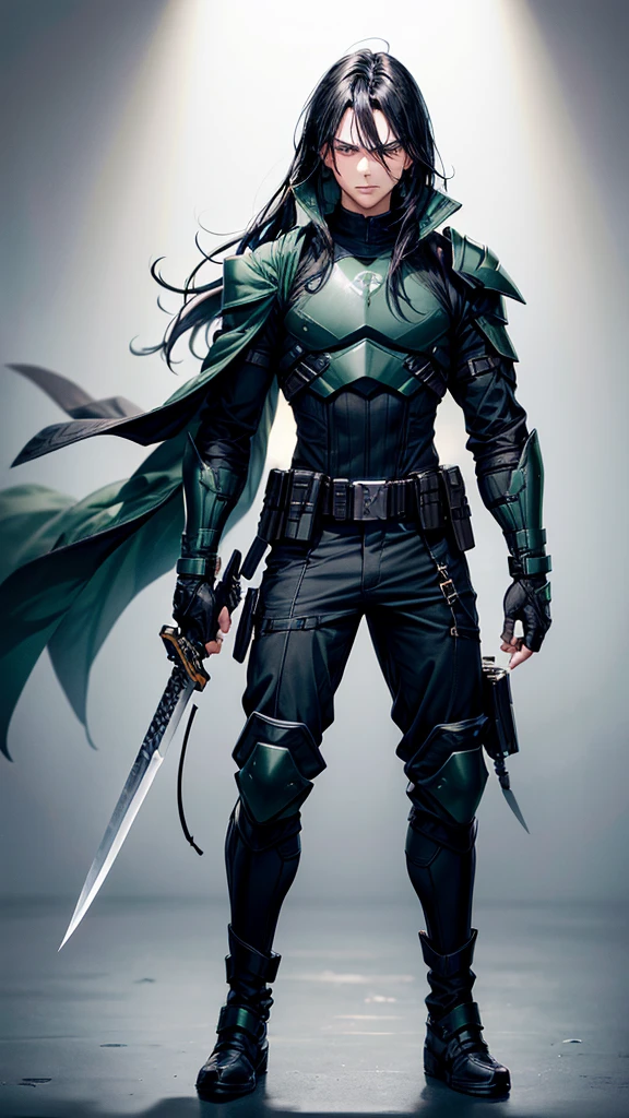 ### Draven Katsuro
**Appearance:**
- **Hair:** Medium-length, jet-black hair that is sleek and slightly tousled, with a few strands falling across his face.
- **Eyes:** Sharp, emerald green eyes that convey both intelligence and intensity.
- **Skin:** Pale with a smooth complexion, marked by a few battle scars hinting at his combat experience.
- **Build:** Lean and athletic, with a balance of strength and agility.
**Clothing:**
- **Outfit:** A dark, form-fitting combat suit with green accents, designed for stealth and efficiency. The suit includes reinforced armor plating on the shoulders and chest.
- **Accessories:** A black utility belt with compartments for various weapons and gadgets, twin katanas strapped to his back, and green, fingerless gloves for better grip and dexterity.
- **Footwear:** Lightweight, black combat boots with reinforced soles for agility and silent movement.