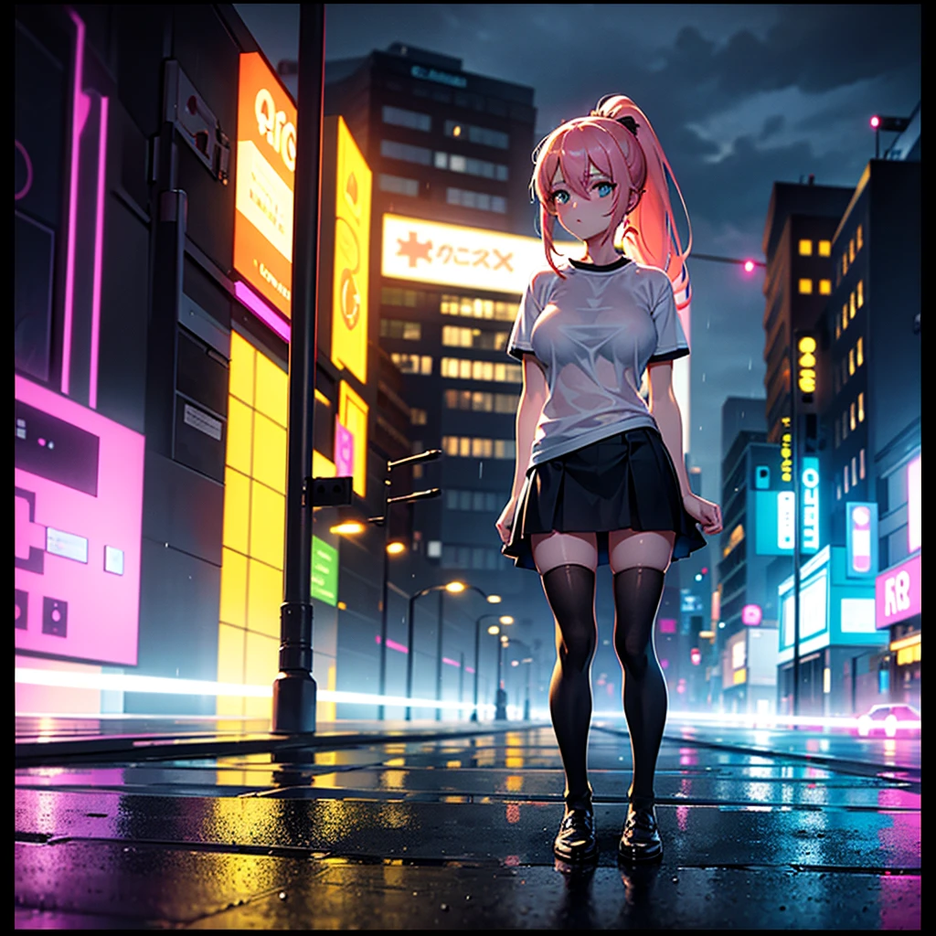 Photo, masterpiece, Best quality, wallpaper,1 girl, long light hair,ponytail, Street, neon lighting, rain, transparent t-shirt, skirt, stockings, no bra, in the center of the frame, looks into the eyes