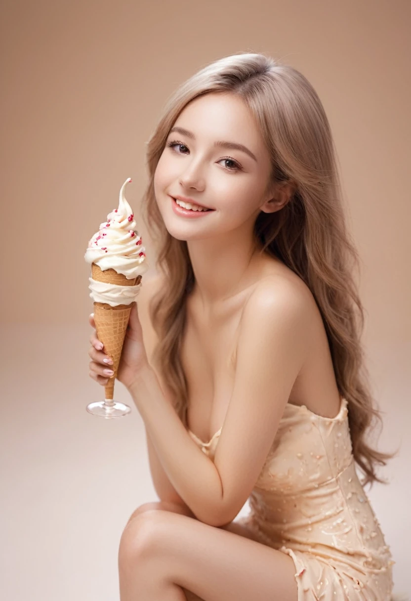 bailing_cream,A girl made of ice cream,(1girl:1.1),perky breasts,(wearing a melted ice cream dress),perfect smile,《《《The woman is naked》》》《《《The woman is completely nude》》》《《《Women don't wear swimsuits》》》《《《The woman is not wearing a bra》》》《《《The woman is not wearing panties》》》《《《The woman is laughing with a big mouth》》》