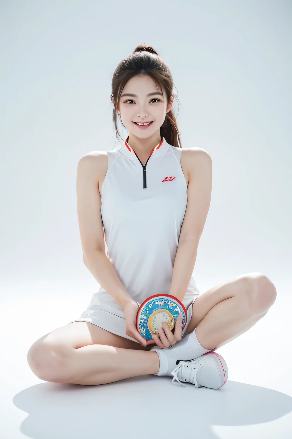 A girl holds a white plate in both hands,Place on chest,Smiling happily,front photo,Dress in sportswear,Full body portrait,Medium shot,front,Clean background ,Super fine,ultra HD, Delicate facial features,No bad hands,4kSuper fine,Realistic photo level