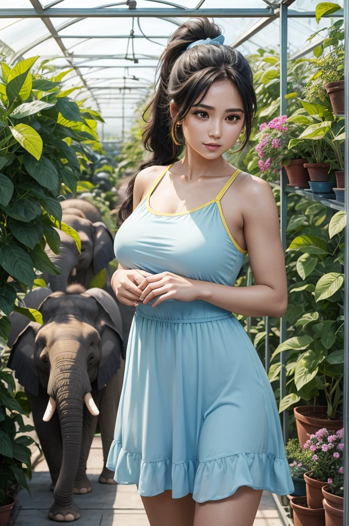 30 year old woman from Saturn, thick athletic body, beautiful, cute, light blue long ponytail hair, in greenhouse, photoshoot, wearing yellow sundress, with baby elephant