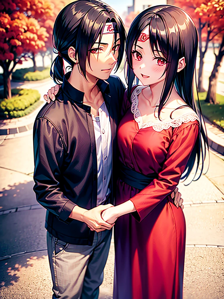romantic, best qualityer, Couple, ssmile, glad, Amemos, blue sky, naughty man, itachi uchiha, Woman, itachi uchiha, Woman de cabelo grande, 1 girl, 1 naughty man, Couple, itachi uchiha, A girl, standing together, itachi next to a , Couple standing together, itachi uchiha