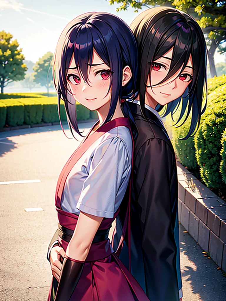 romantic, best qualityer, Couple, ssmile, glad, Amemos, blue sky, naughty man, itachi uchiha, Woman, itachi uchiha, Woman de cabelo grande, 1 girl, 1 naughty man, Couple, itachi uchiha, A girl, standing together, itachi next to a , Couple standing together, itachi uchiha