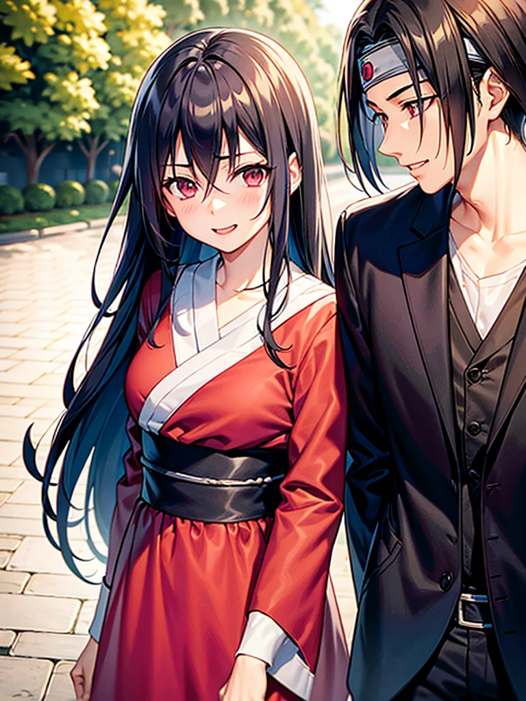 romantic, best qualityer, Couple, ssmile, glad, Amemos, blue sky, naughty man, itachi uchiha, Woman, itachi uchiha, Woman de cabelo grande, 1 girl, 1 naughty man, Couple, itachi uchiha, A girl, standing together, itachi next to a , Couple standing together, itachi uchiha