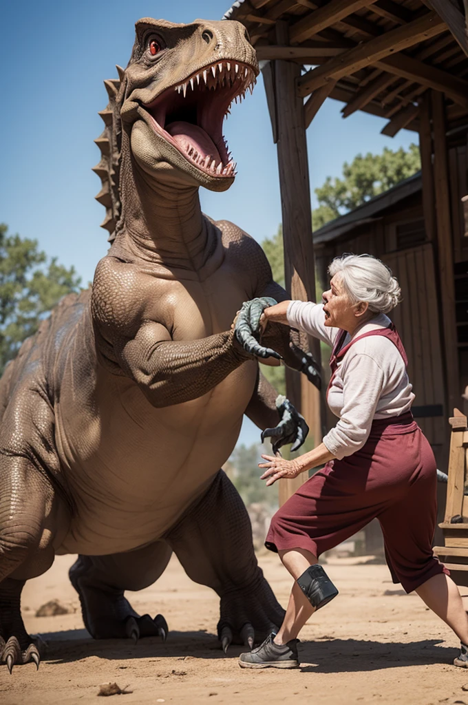 Make an old woman fight a dinosaur